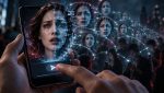 Una mano su uno smartphone condivide il volto di una donna alterato digitalmente, che si moltiplica tra le persone
