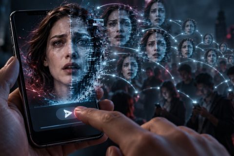 Una mano su uno smartphone condivide il volto di una donna alterato digitalmente, che si moltiplica tra le persone