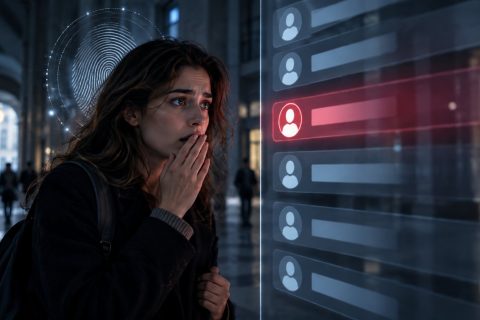Il tuo nome in una graduatoria online: quando la PA non può pubblicarlo Una giovane donna preoccupata accanto a un elenco digitale di nomi con una riga evidenziata in rosso