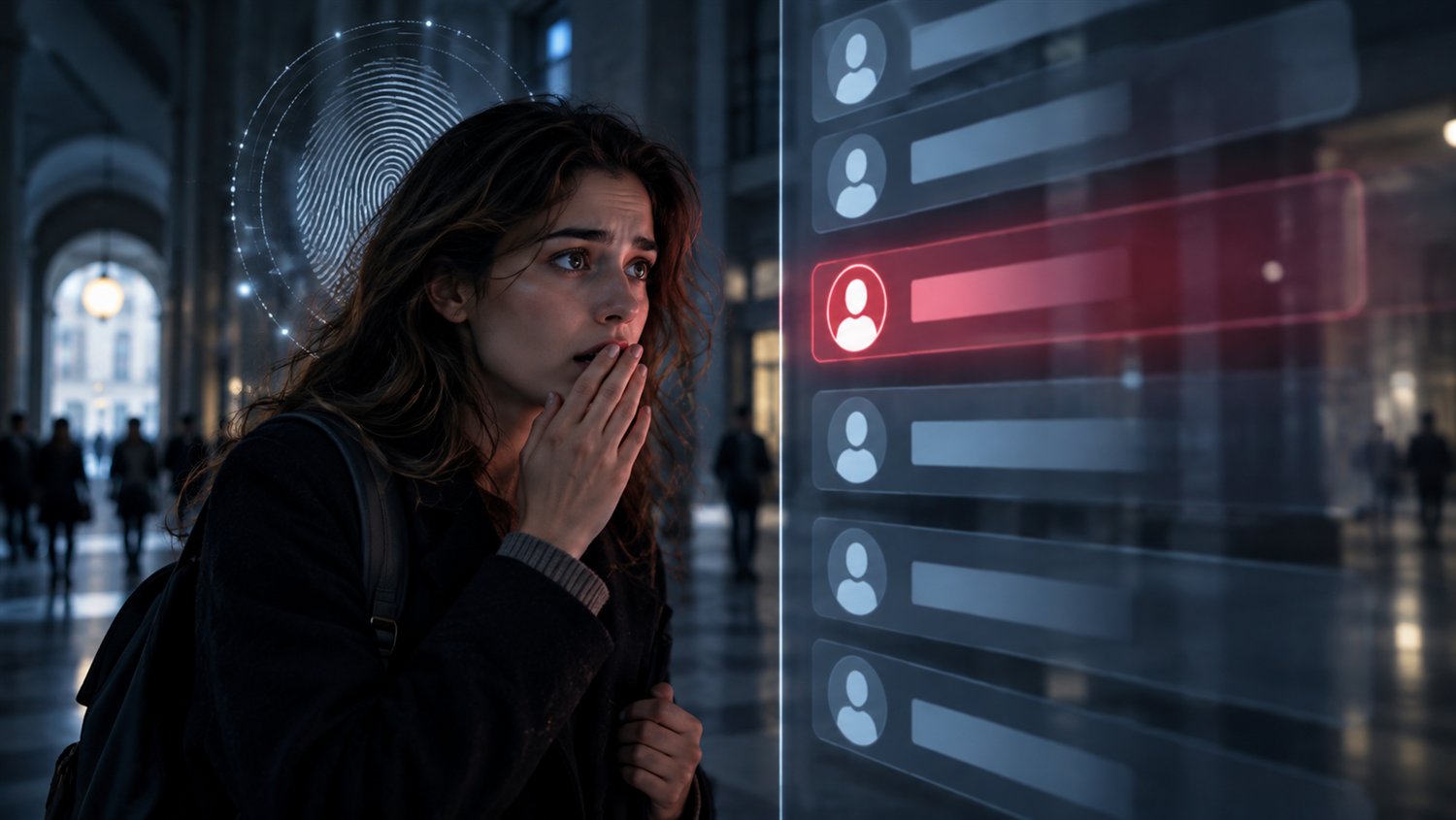 Una giovane donna preoccupata accanto a un elenco digitale di nomi con una riga evidenziata in rosso