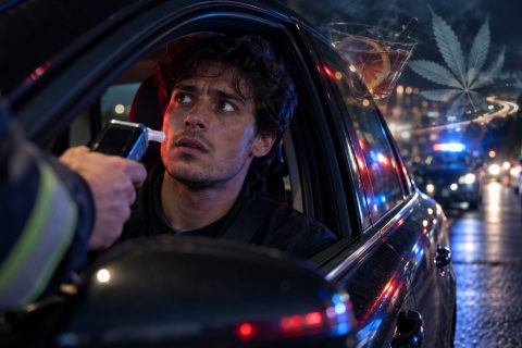 Un giovane al volante sottoposto all'alcoltest durante un controllo notturno, con le luci della polizia sullo sfondo