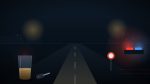 Strada di notte con un bicchiere e le chiavi dell'auto in primo piano e un posto di controllo con luci rosse e blu sullo sfondo