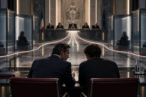 Aula di un collegio giudicante, ai lati quattro persone ciascuna isolata in un box separato