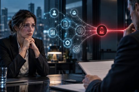 Una lavoratrice preoccupata davanti a un dirigente con un documento, mentre un sistema di intelligenza artificiale evidenzia in rosso un profilo
