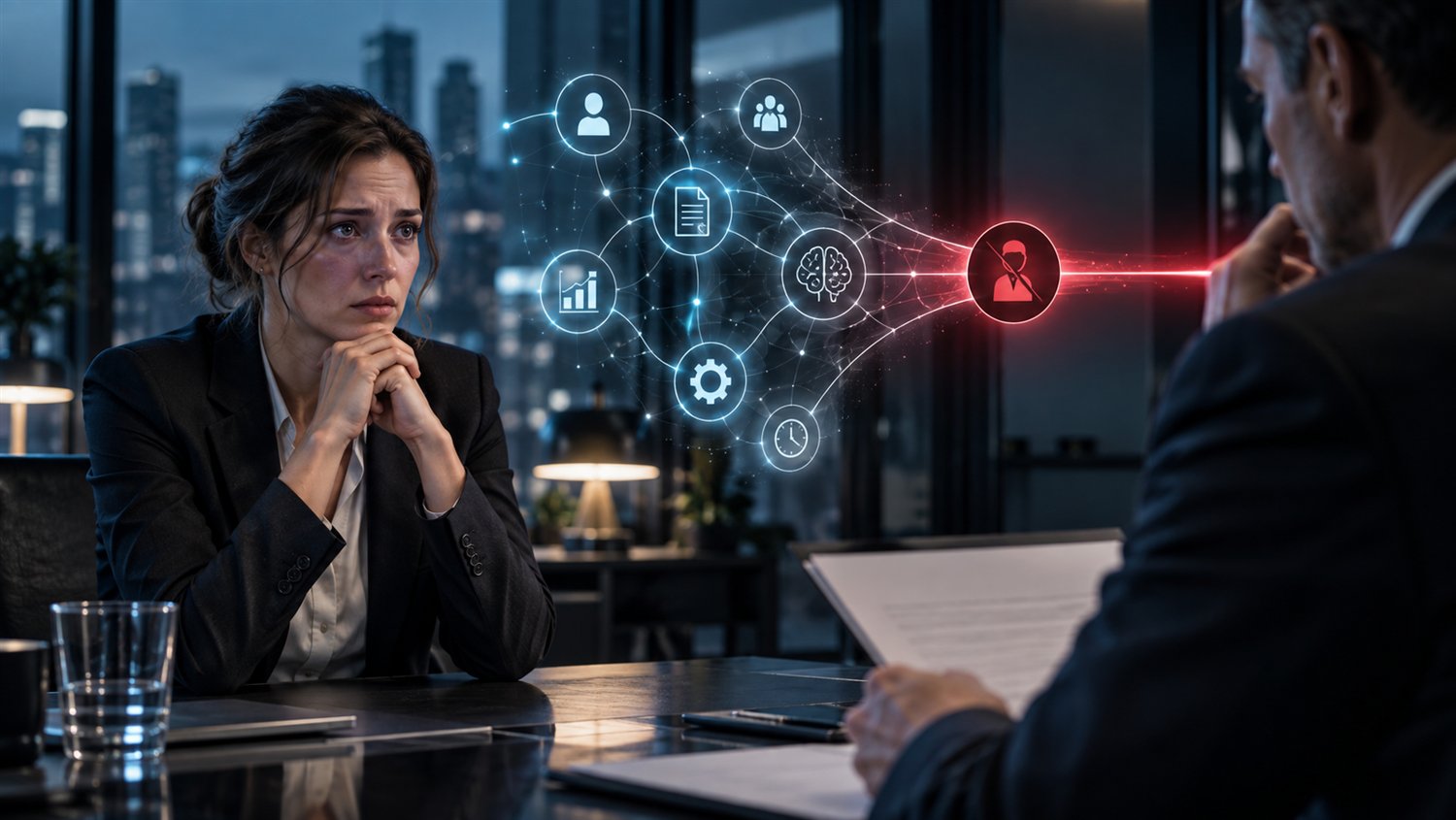 Una lavoratrice preoccupata davanti a un dirigente con un documento, mentre un sistema di intelligenza artificiale evidenzia in rosso un profilo