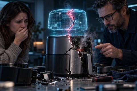 Un elettrodomestico rotto con un guasto elettronico evidenziato, osservato da due persone preoccupate