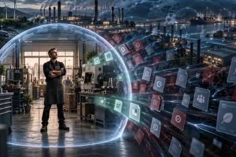 Un artigiano nella sua officina protetta da una cupola trasparente, mentre intorno scorrono i flussi di dati della filiera