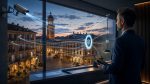 Telecamere su una piazza al tramonto, alcuni flussi di dati convergono su un lucchetto e altri risultano bloccati
