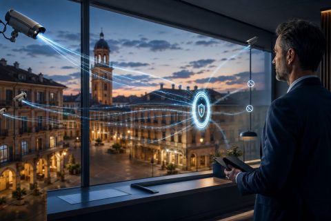 Telecamere su una piazza al tramonto, alcuni flussi di dati convergono su un lucchetto e altri risultano bloccati