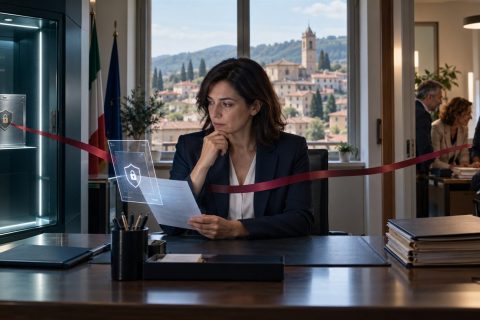 Il gestore della segnalazione nei piccoli comuni: un conflitto strutturale che non si può più ignorare Ufficio comunale con una teca sigillata e un filo rosso che collega la teca all'ufficio accanto