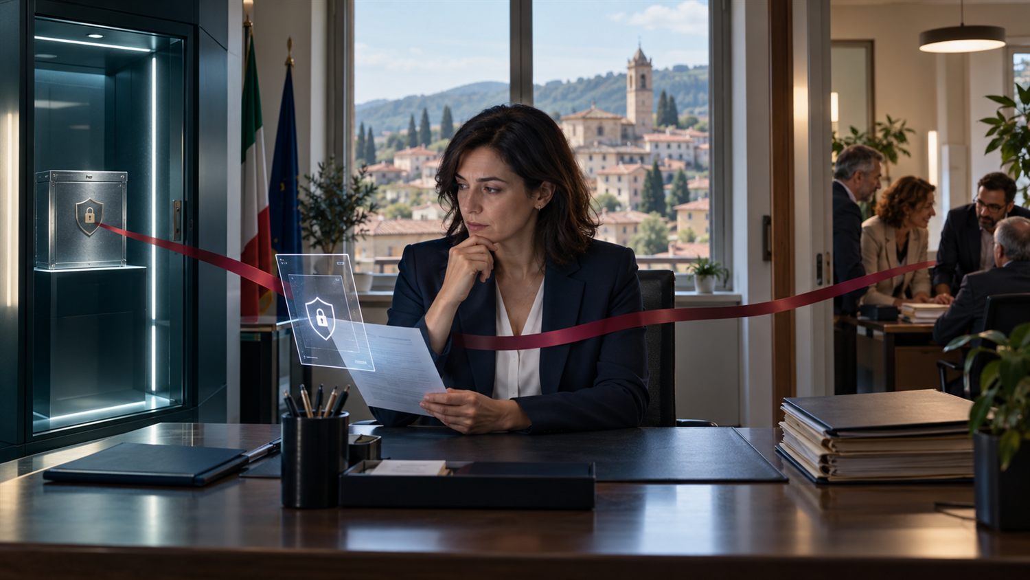 Ufficio comunale con una teca sigillata e un filo rosso che collega la teca all'ufficio accanto