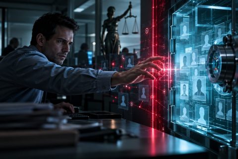 Consultare una banca dati senza averne titolo: quando è reato Operatore che allunga la mano verso un archivio digitale di schede anagrafiche protetto da una barriera luminosa rossa