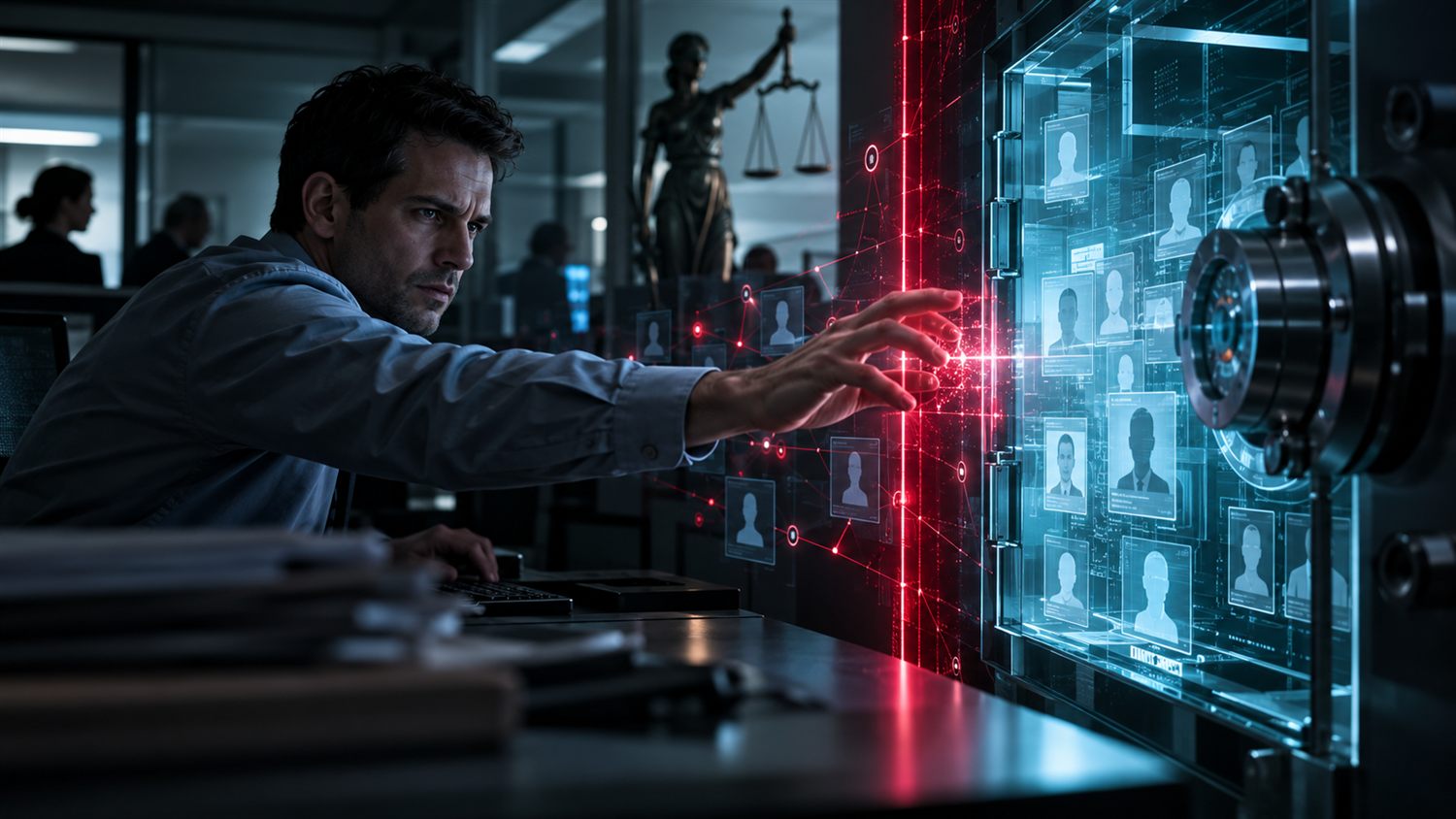Consultare una banca dati senza averne titolo: quando è reato Operatore che allunga la mano verso un archivio digitale di schede anagrafiche protetto da una barriera luminosa rossa