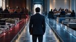 Aula giudiziaria con due percorsi luminosi paralleli, uno rosso e uno azzurro, ai lati di una persona in piedi di spalle