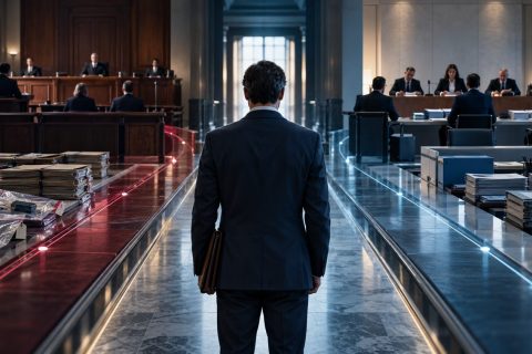 Penale e disciplinare insieme: il doppio binario del dipendente pubblico Aula giudiziaria con due percorsi luminosi paralleli, uno rosso e uno azzurro, ai lati di una persona in piedi di spalle