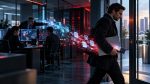 Persona che esce da un ufficio con un computer portatile sotto il braccio, mentre una scia di documenti luminosi si allontana dalle postazioni