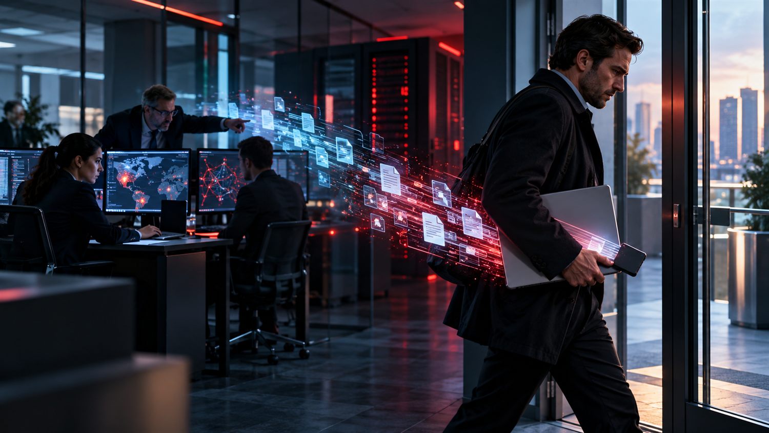 Persona che esce da un ufficio con un computer portatile sotto il braccio, mentre una scia di documenti luminosi si allontana dalle postazioni