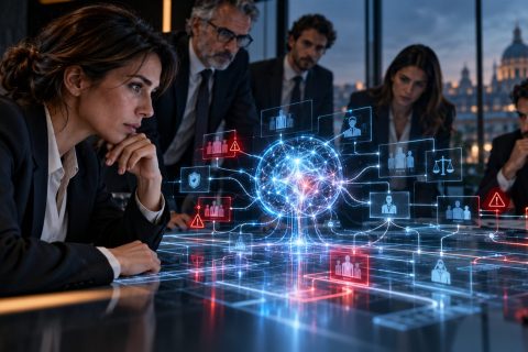 L'intelligenza artificiale entra nella 231: che cosa cambia dal 30 settembre Riunione aziendale al crepuscolo con una rete di nodi e avvisi rossi proiettata sul tavolo, a rappresentare i sistemi di intelligenza artificiale in uso nell'organizzazione