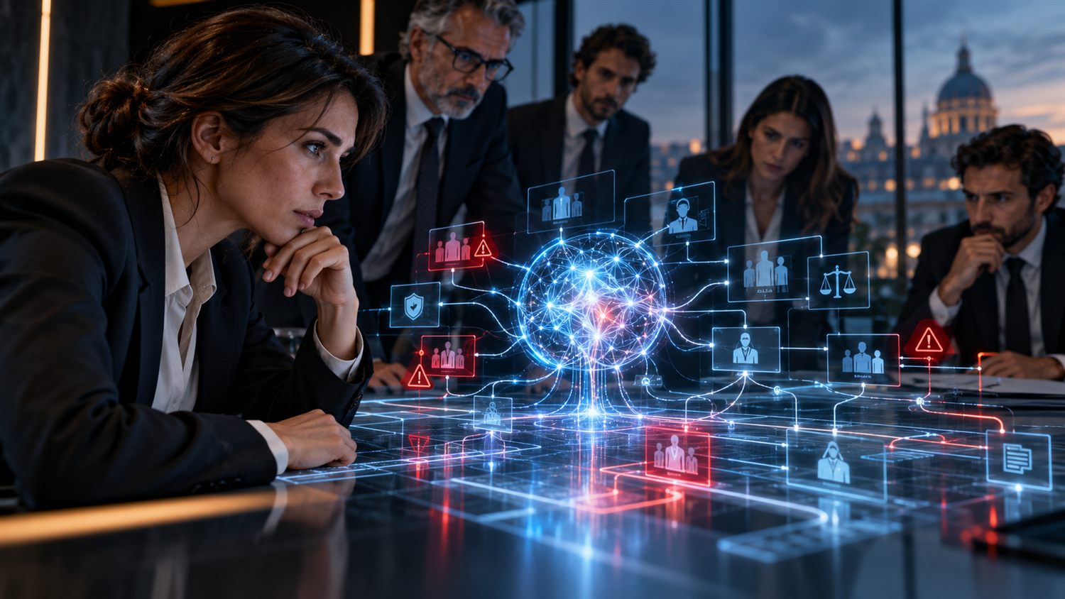 L'intelligenza artificiale entra nella 231: che cosa cambia dal 30 settembre Riunione aziendale al crepuscolo con una rete di nodi e avvisi rossi proiettata sul tavolo, a rappresentare i sistemi di intelligenza artificiale in uso nell'organizzazione