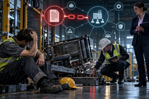 Reparto produttivo dopo un infortunio, con un operaio seduto a terra e un tecnico che effettua rilievi; sopra la scena una catena spezzata collega un documento alla sagoma di uno stabilimento