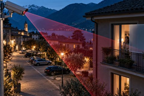 La telecamera del Comune che riprende casa tua: perché il Garante ha sanzionato l'ente Telecamera su un palo in un borgo al crepuscolo, con il cono di ripresa che raggiunge il balcone e la finestra illuminata di una abitazione privata