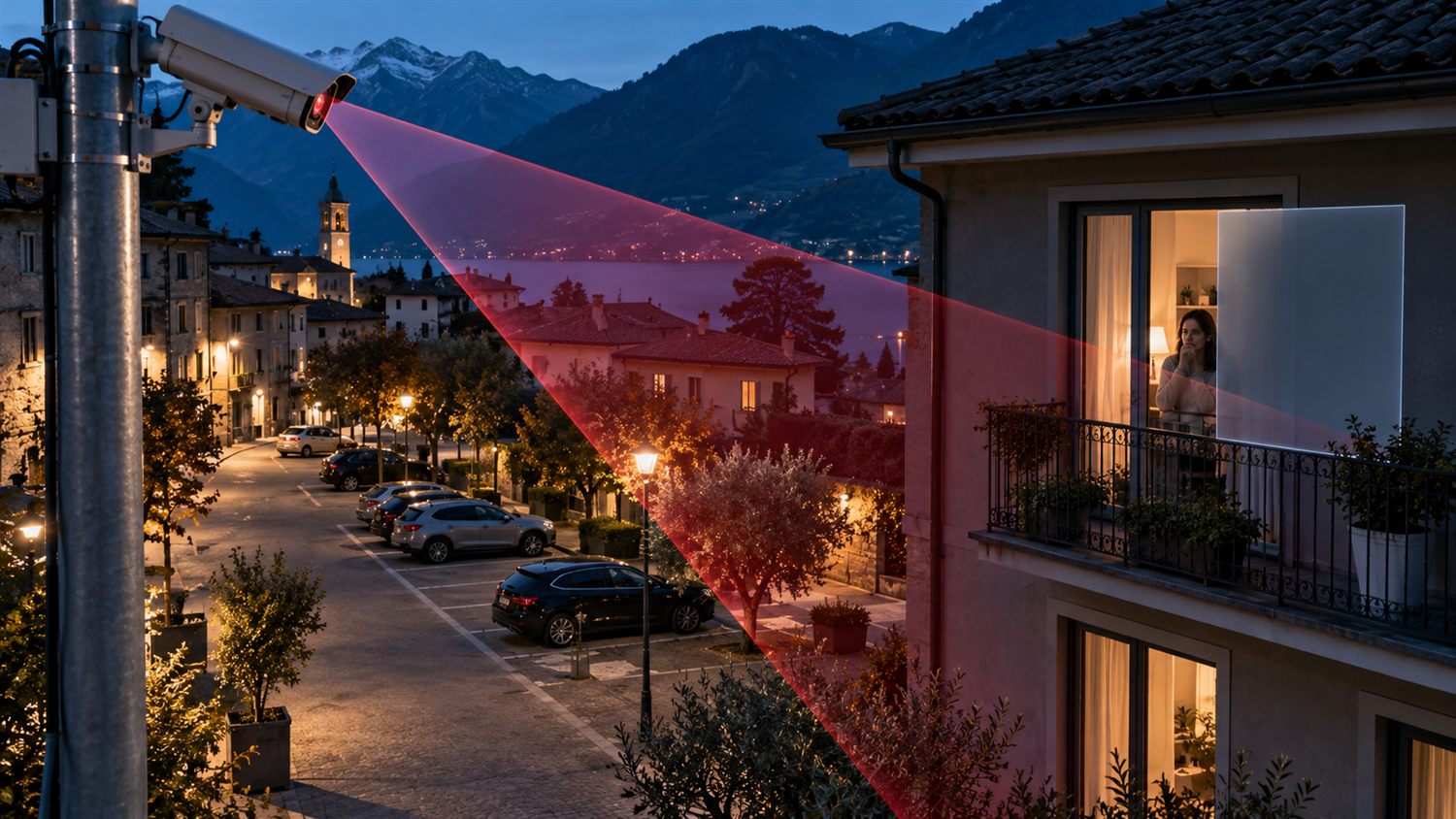 La telecamera del Comune che riprende casa tua: perché il Garante ha sanzionato l'ente Telecamera su un palo in un borgo al crepuscolo, con il cono di ripresa che raggiunge il balcone e la finestra illuminata di una abitazione privata